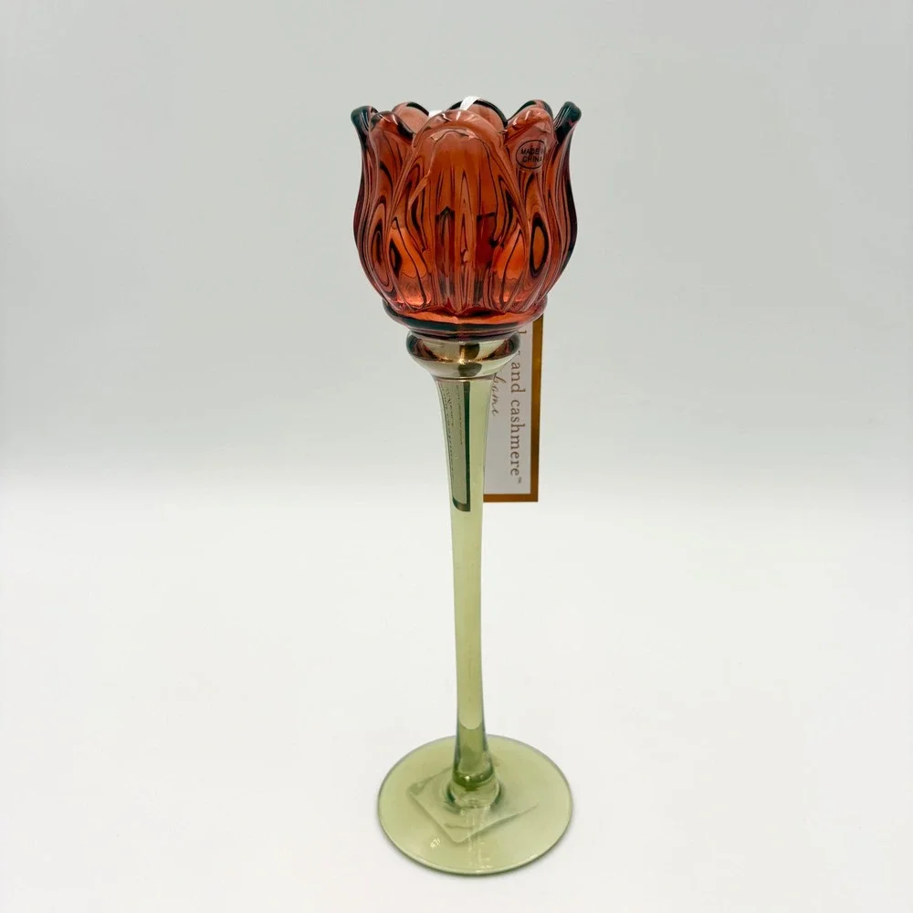 Cupcakes and Cashmere Glass Tulip Tea Light Candle Holder Amber Orange Green